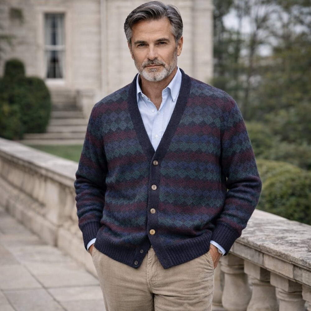 Vintage Christopher Hayes Shetland Wool Chunky Knit Argyle Cardigan Sweater XL